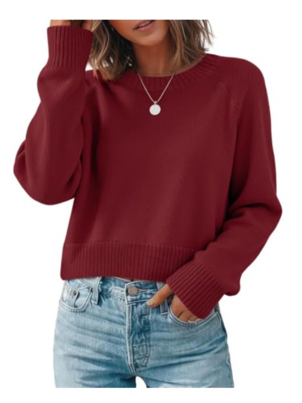Cropped Crewneck Knit Pullover Sweater, Long Sleeve, Soft Ribbed, Business